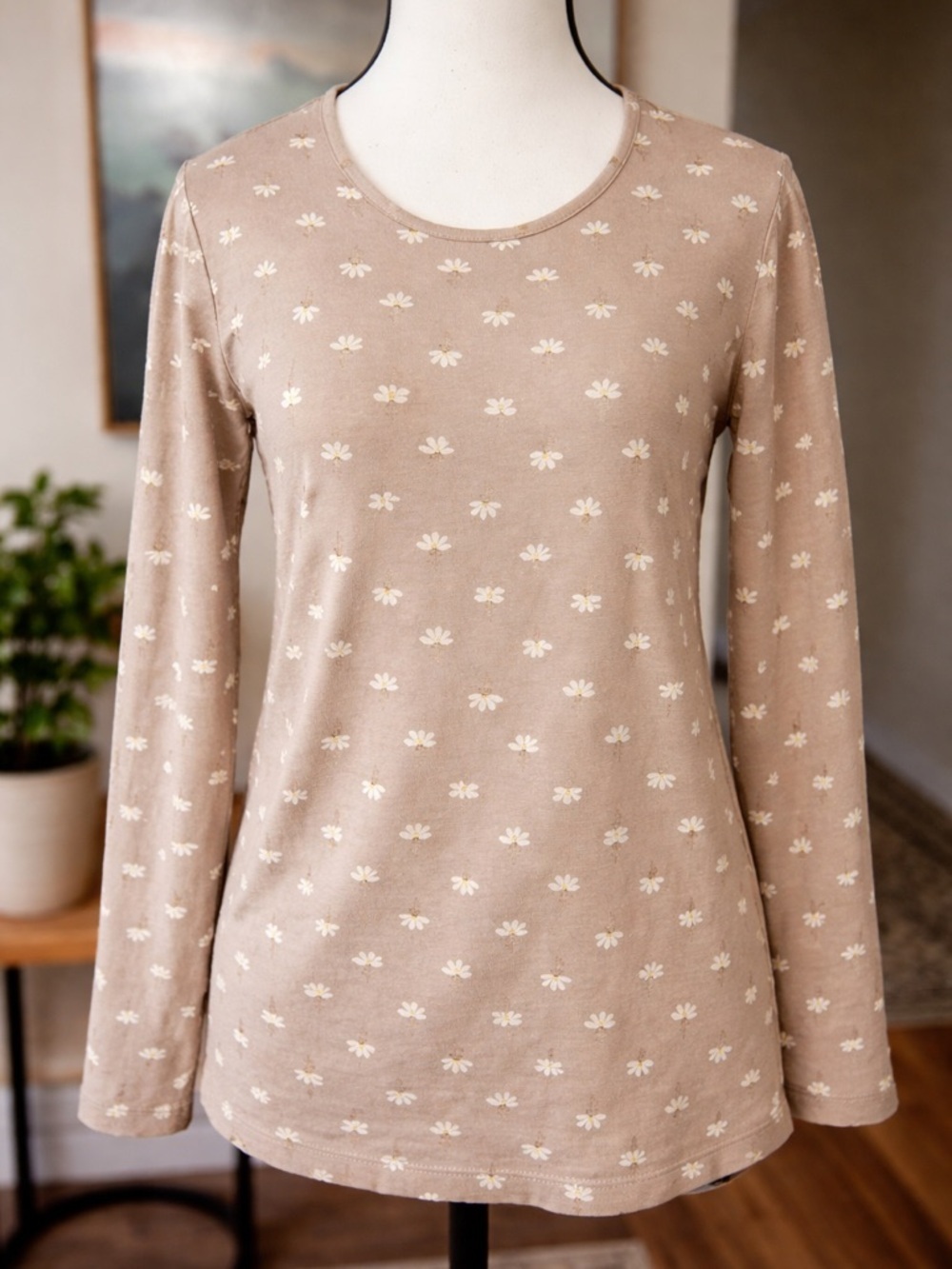 Gudrun Sjödén Daisy Long Sleeve Top Lagenlook Cotton Stretch Beige Floral S